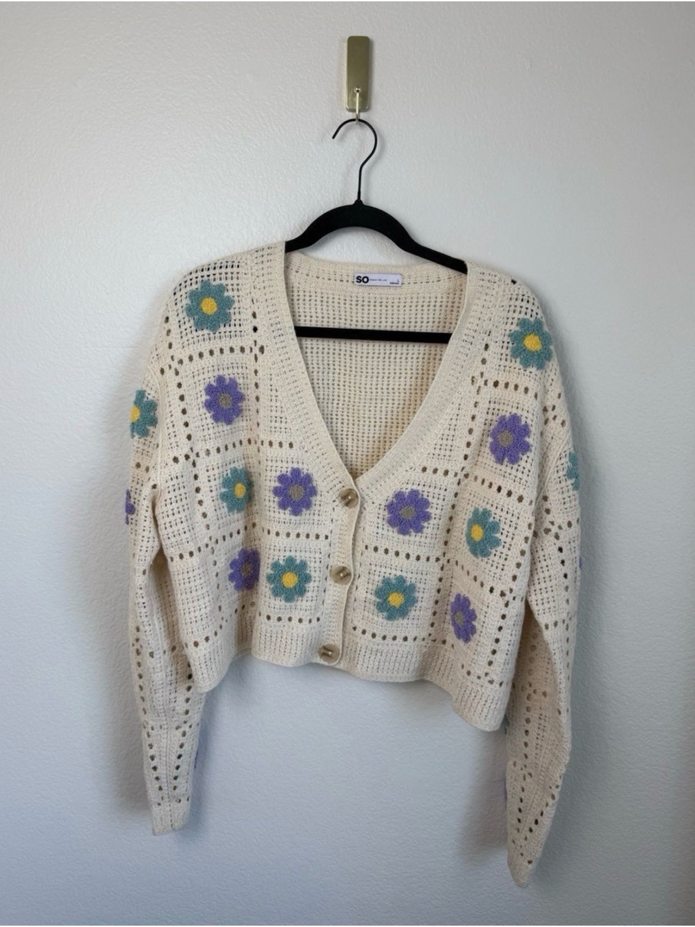 SO Cream Crochet V-Neck Cardigan with Purple and Teal Floral Appliqués